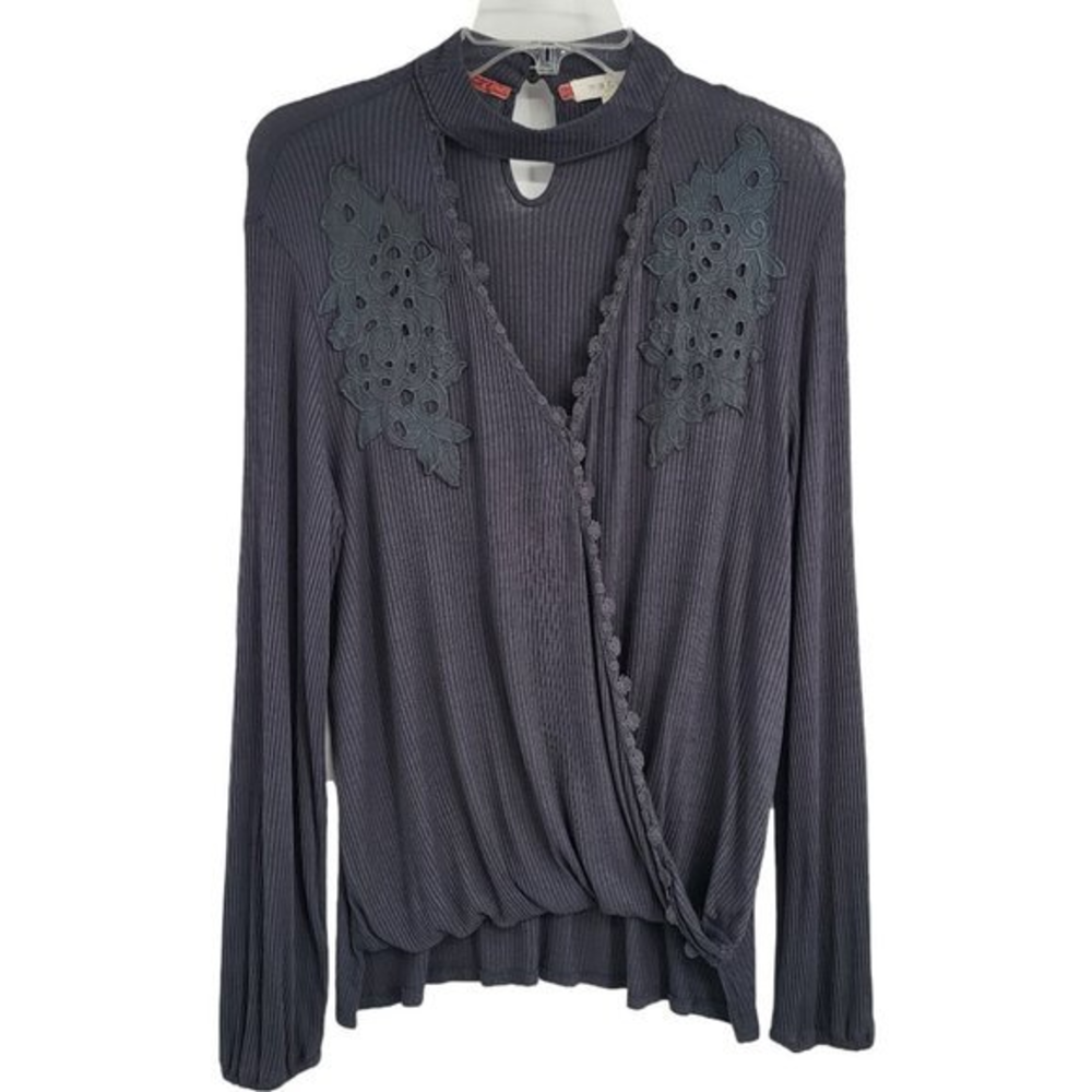 Taylor and Sage‎ Lace Wrap Front High Neck Long Sleeve Boho Ribbed Shirt Large